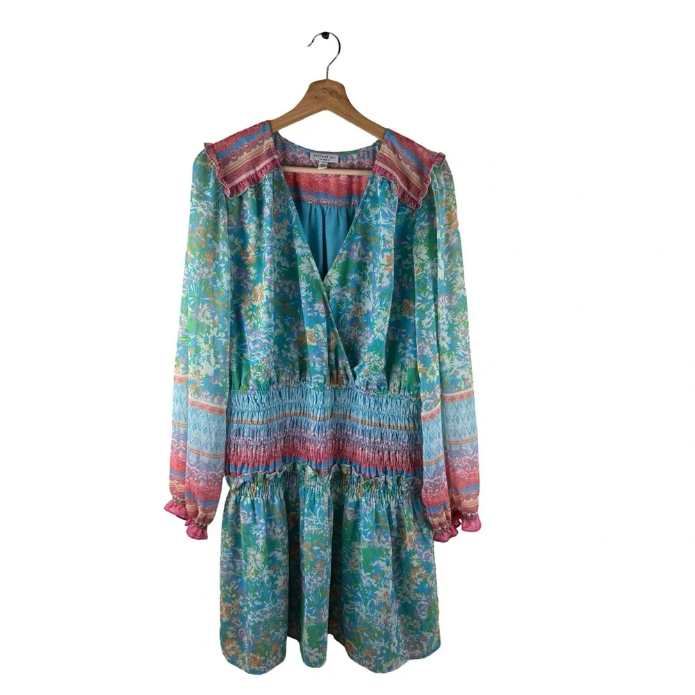 Anthro Current Air Mini Dress L Blue Floral Ruffle Smocked Fairy Tale Boho Chic - Picture 3 of 8